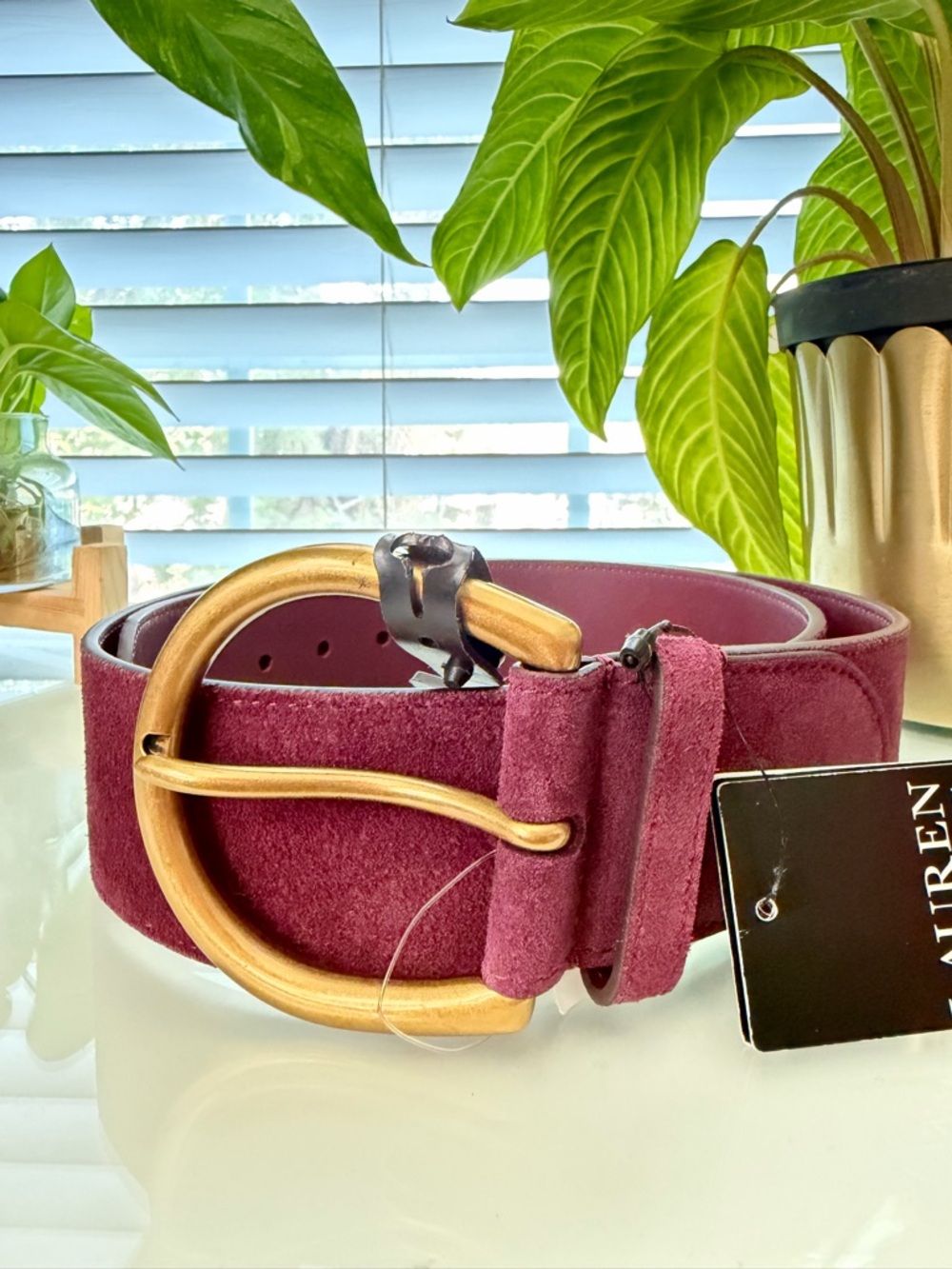 Lauren Ralph Lauren Burgundy Suede Belt with Gold-Tone Round Buckle